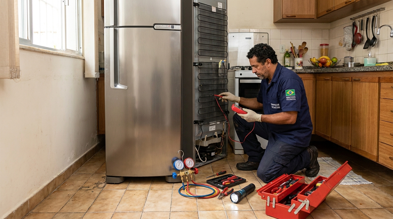 Técnico realizando manutenção de motor de geladeira em Goiânia‑GO