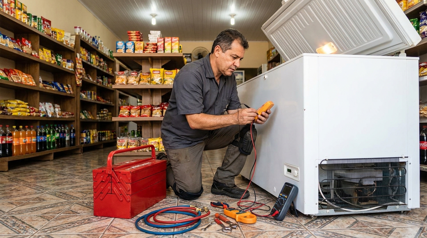 Recarga de gás refrigerante em freezer em atendimento em Goiânia‑GO